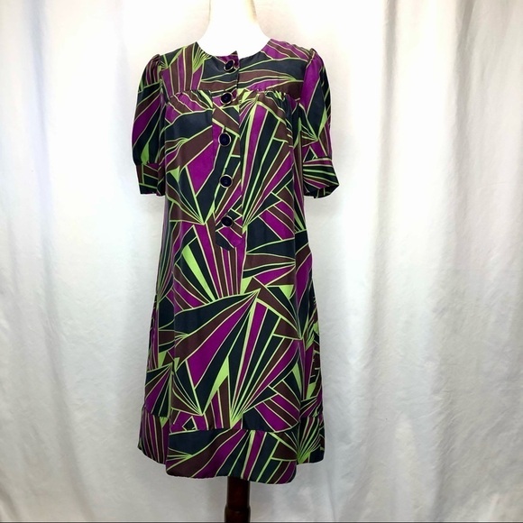 DKNY 100% silk shift dress bold geometric pattern short sleeve pockets! size 0 - Picture 1 of 10
